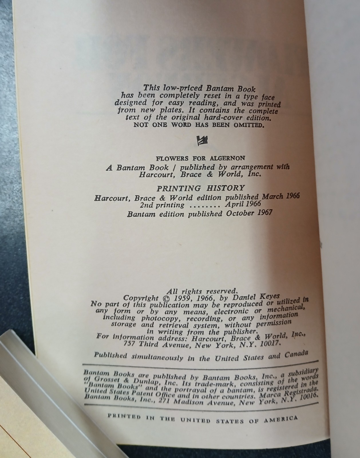 Flowers for Algernon by Daniel Keyes Bantam 1st Paperback Edition 1967