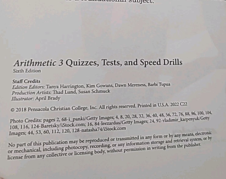 Abeka Arithmetic 3 Sixth Ed. Student Quizzes, Tests, And Speed Drills