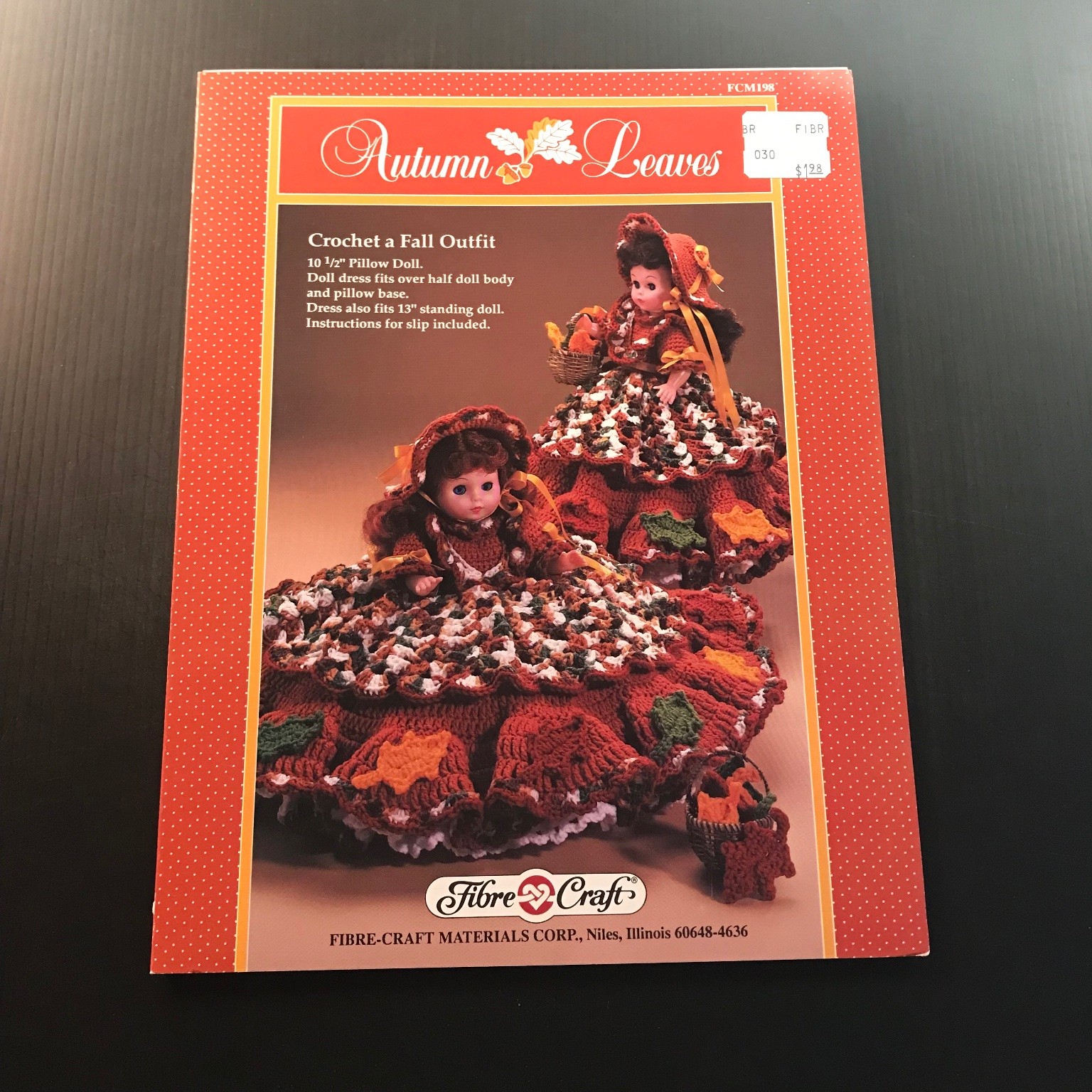 Autumn Leaves Crochet Fall Outfit 10.5″ Pillow Doll Dress Pattern 1989 FCM198