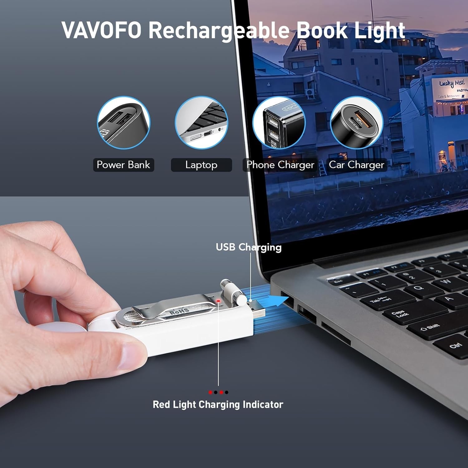Portable USB Rechargeable Reading Light with 9 Dimming Modes for Travelers