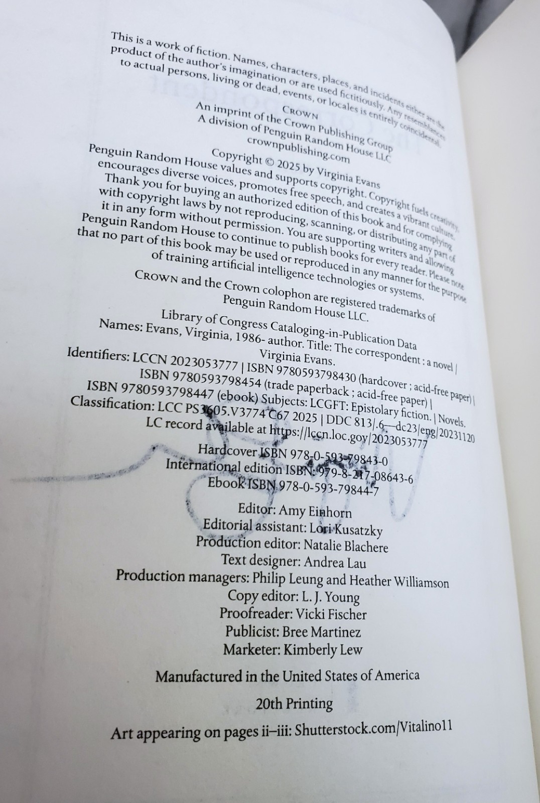 *Signed Title Page THE CORRESPONDENT Virginia Evans 2025 HC/DJ 20th Printing NEW