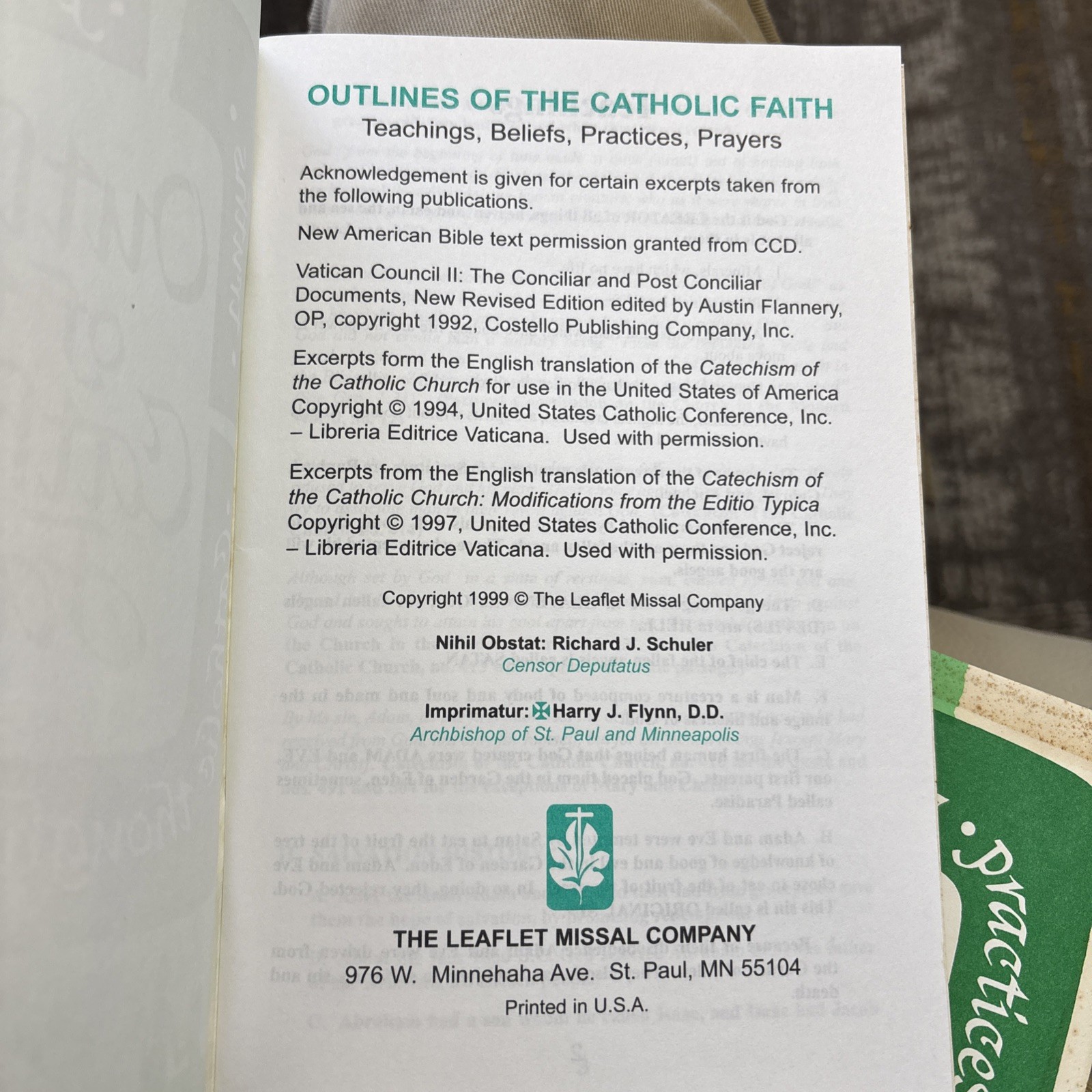 Outlines Of The Catholic Faith Teachings Beliefs Practices Prayers 1999 Booklet