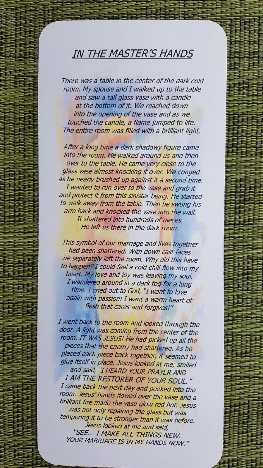 Christian Bookmarker – In The Master’s Hands 8 1/2″ H x 3 1/2″ W Laminated
