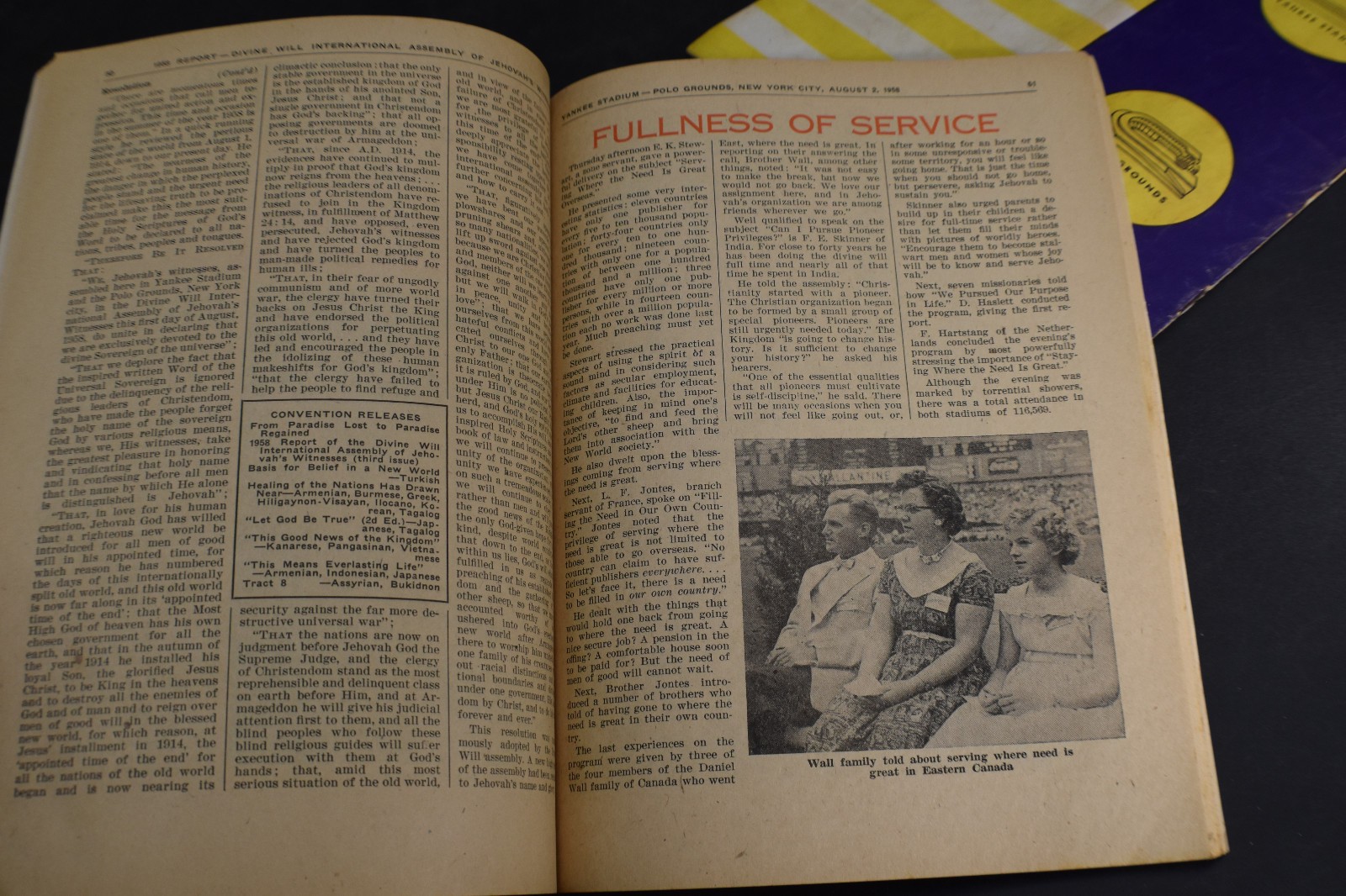 1958 Divine Will Jehovahs Witnesses Report & Program NY City Yankee Stadium/Polo