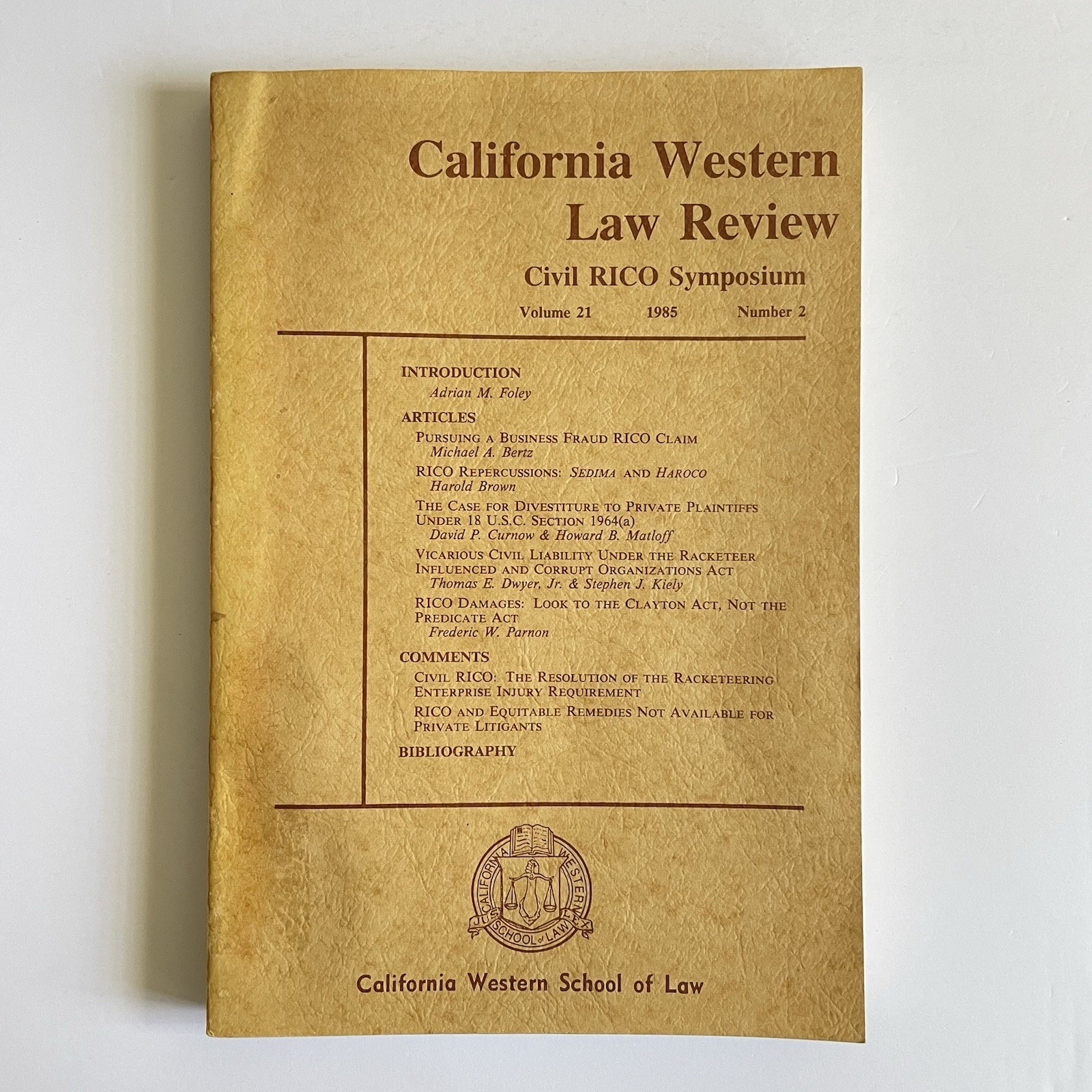 California Western School of Law Review – Civil RICO Symposium 1985 Book