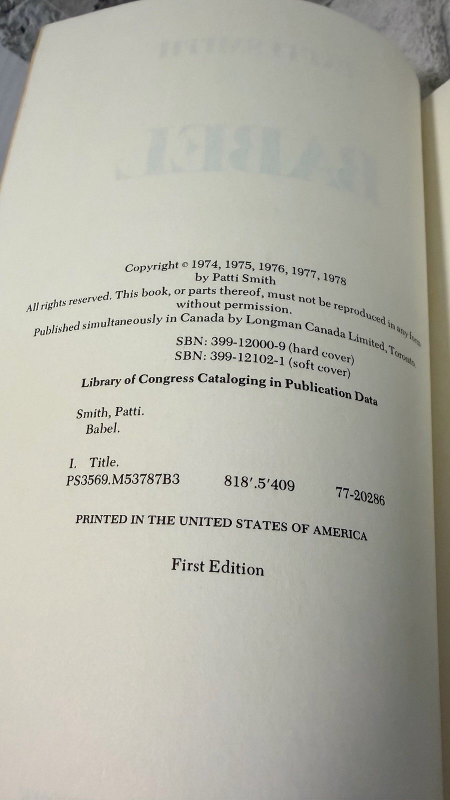 Patti Smith Babel First Edition 1978 G. P. Putnam’s Sons