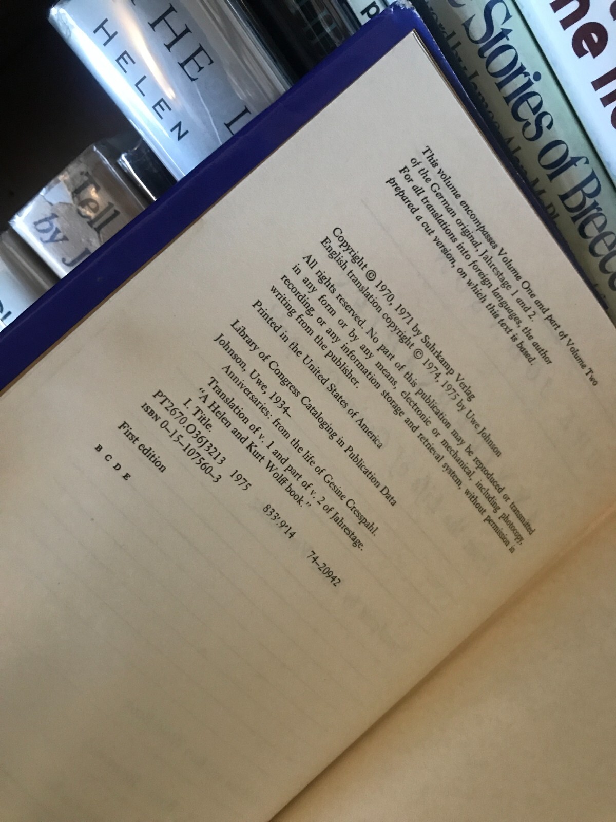 Anniversaries: From the Life of Gesine Cresspahl by Uwe Johnson – 1st US Edition
