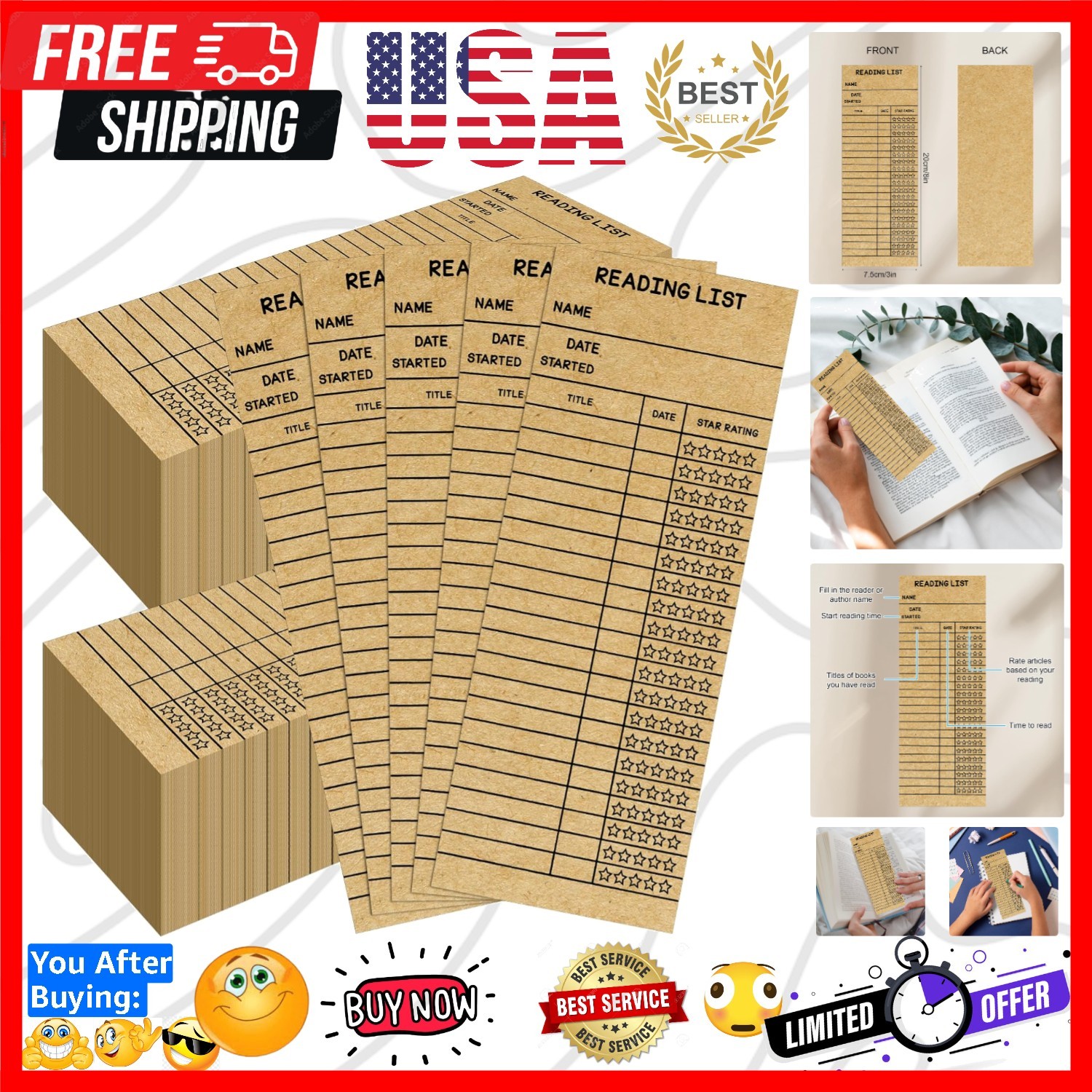 100 PCS Reading List Bookmark, 3 x 8 Inch Personal Libraries Cards, Reading L…