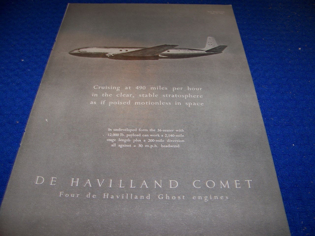 1950: DE HAVILLAND COMET “CRUISING AT 490 MPH”..1-PAGE SALES AD (302SS)