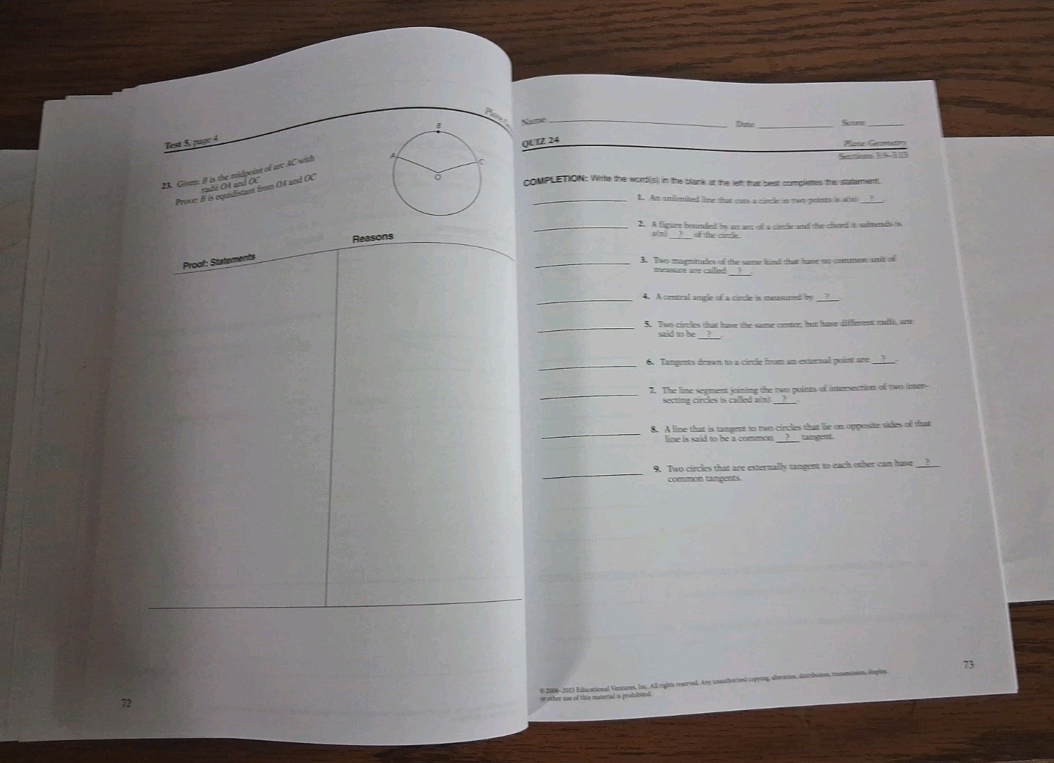 3 New Books(Only) Plane Geometry. Tests/Quiz/Veto & Student Practice Exereises.