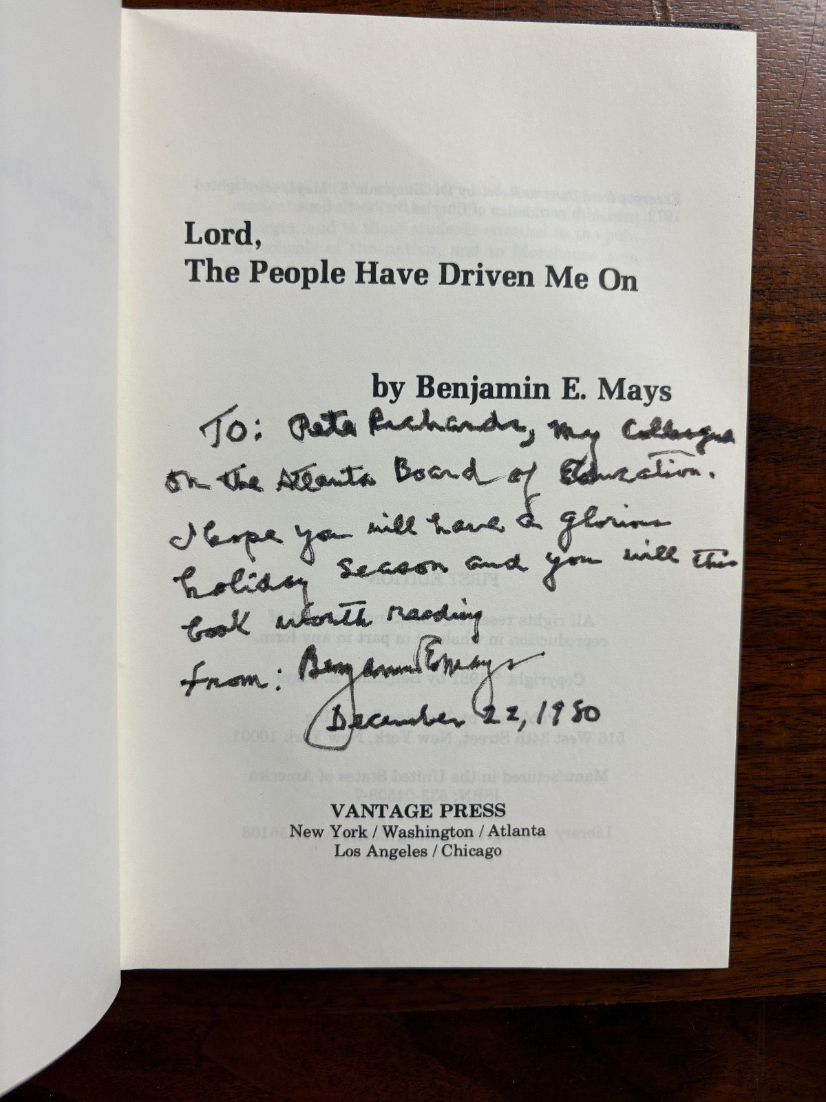 Lord, the People Have Driven Me On Benjamin E. Mays SIGNED by civil rights icon