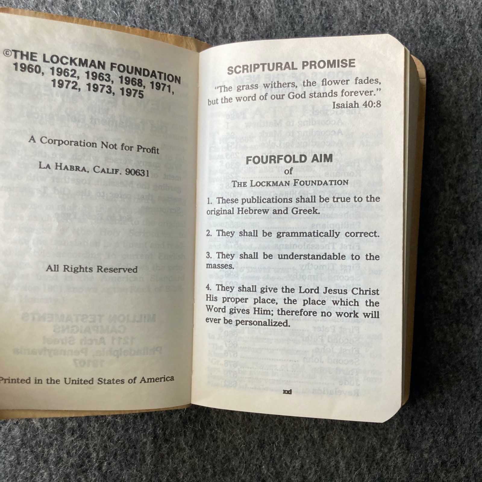New American Standard New Testament Old Prophecy Edition 5″ Size Pocket 1975
