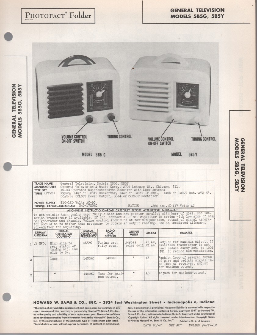 General TV – Model 5B5G/5B5Y – Radio – Original Service Manual – 1947