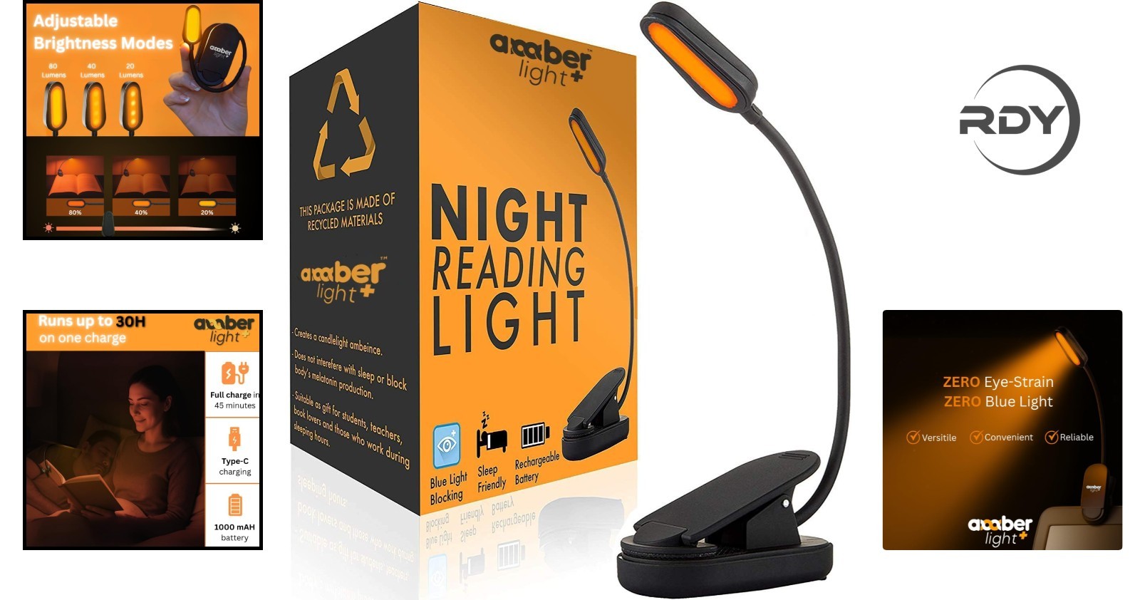 Rechargeable Amber Reading Light – Blue Light Blocking, Perfect Gift for Readers