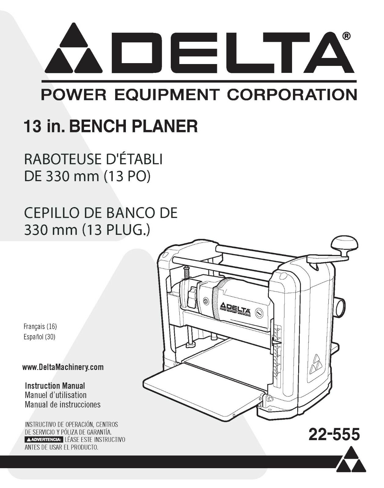 Delta 13″ Bench Planer 22-555 Instruction Manual SPIRAL BOUND