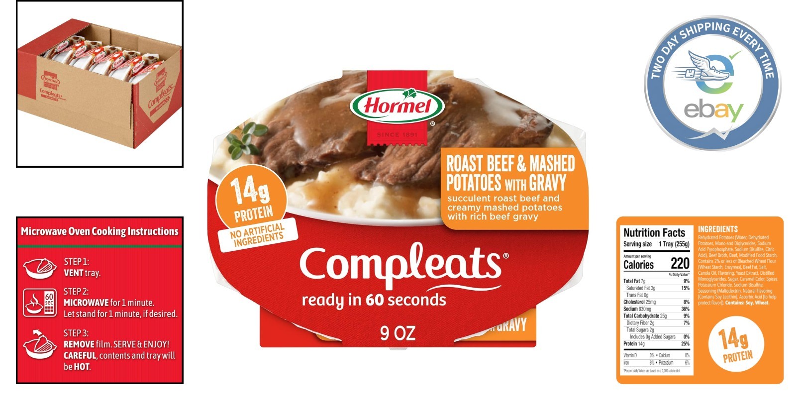 Roast Beef & Mashed Potatoes Microwave Tray – 6 Pack, 9 oz Each, Ready in 60 Sec