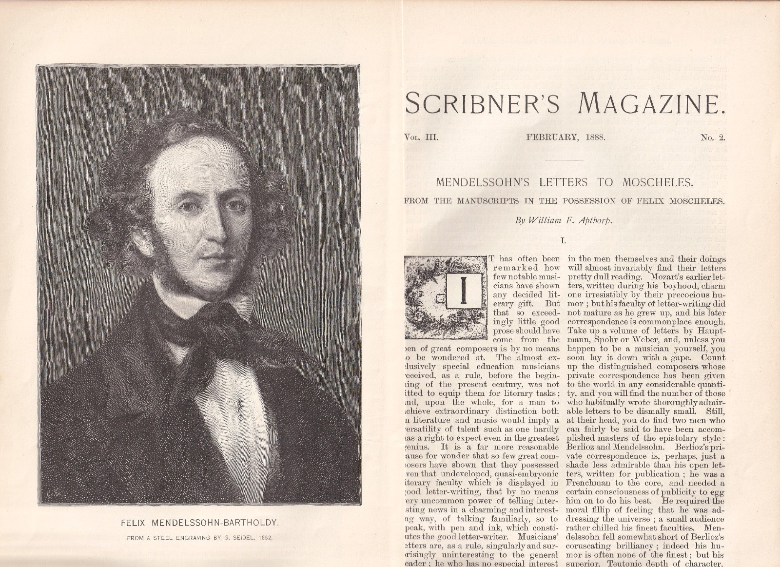Felix Mendelssohn’s Letters To Isaac Moscheles 1888 Magazine Article Music Bios