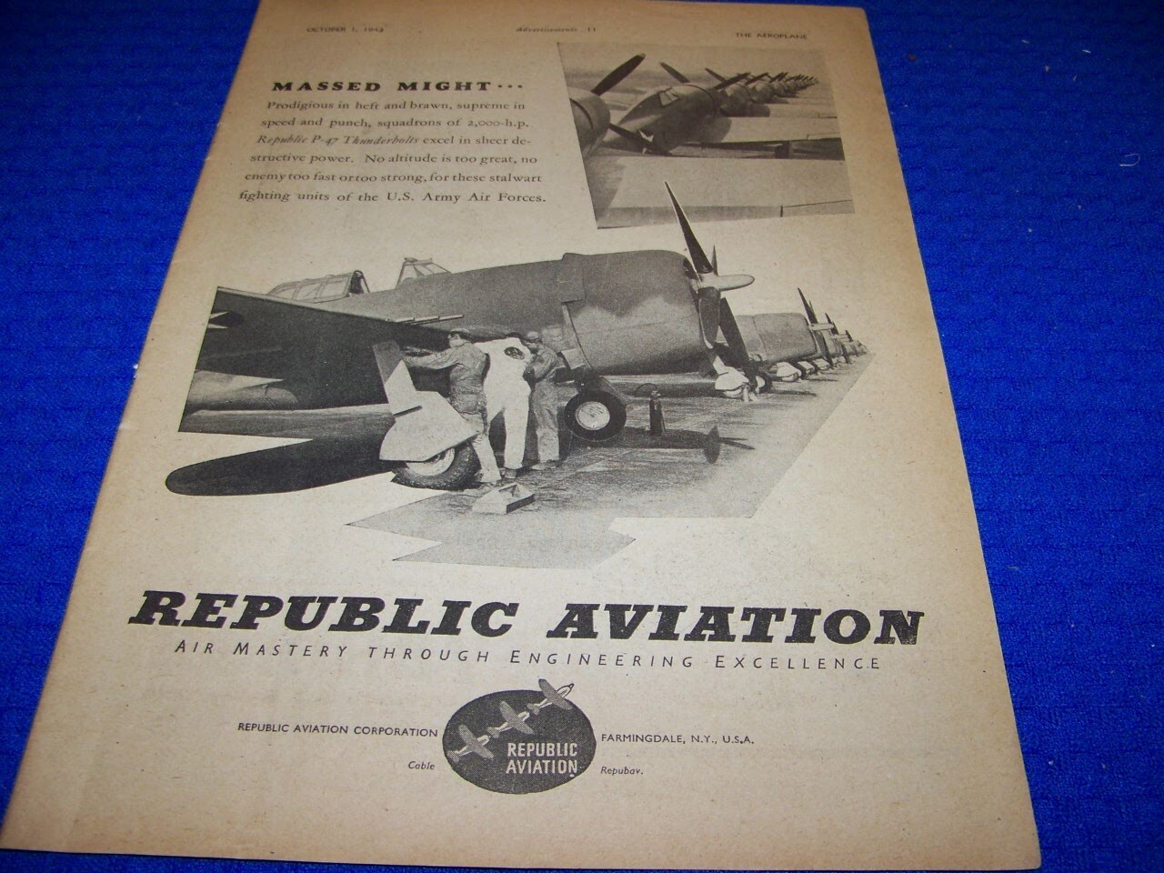 1943 REPUBLIC P-47 THUNDERBOLT “MASSED MIGHT..”..1-PAGE SALES AD (153KK)