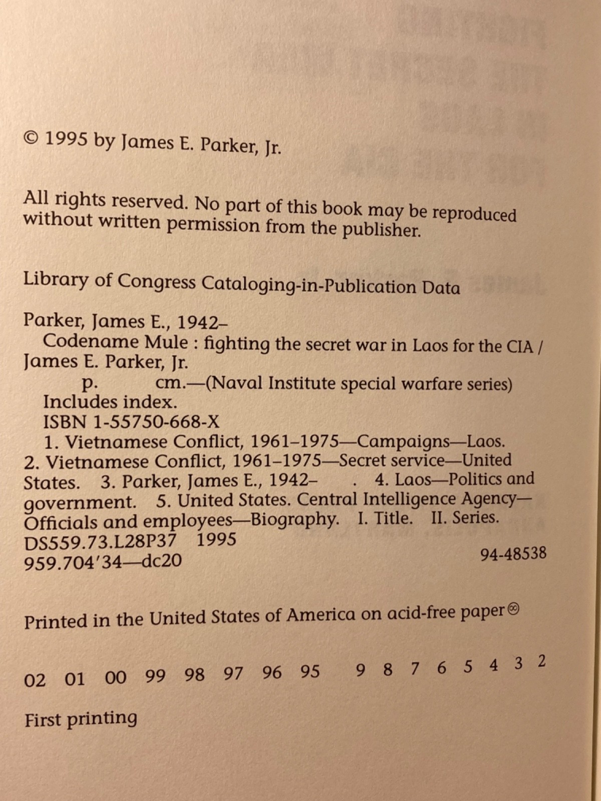 95′ SIGNED 1st Printing James E Parker – Codename Mule: Secret C.I.A. Laos War