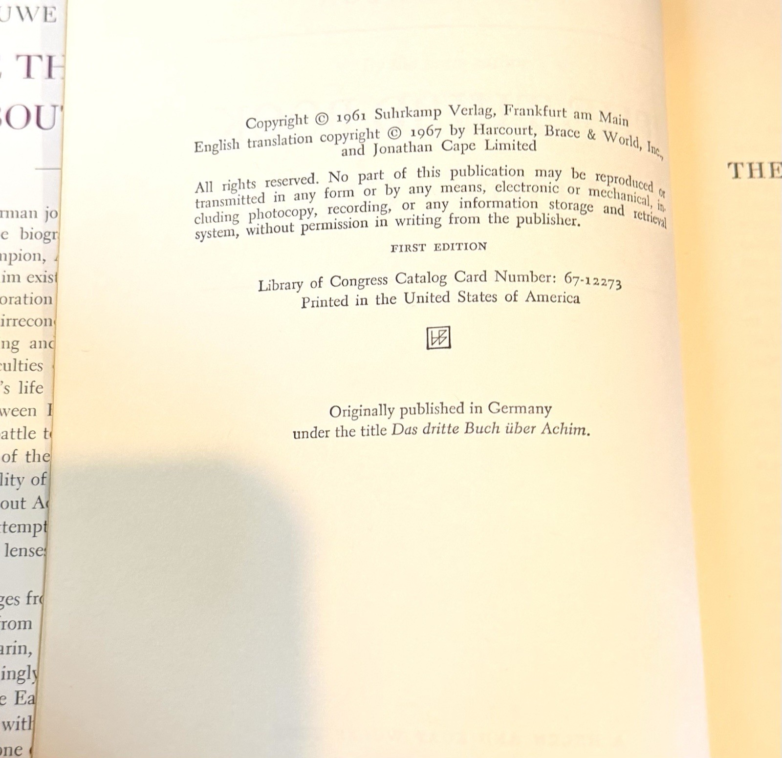 The Third Book about Achim / Uwe Johnson / 1st Ed. / HCDJ / 1967