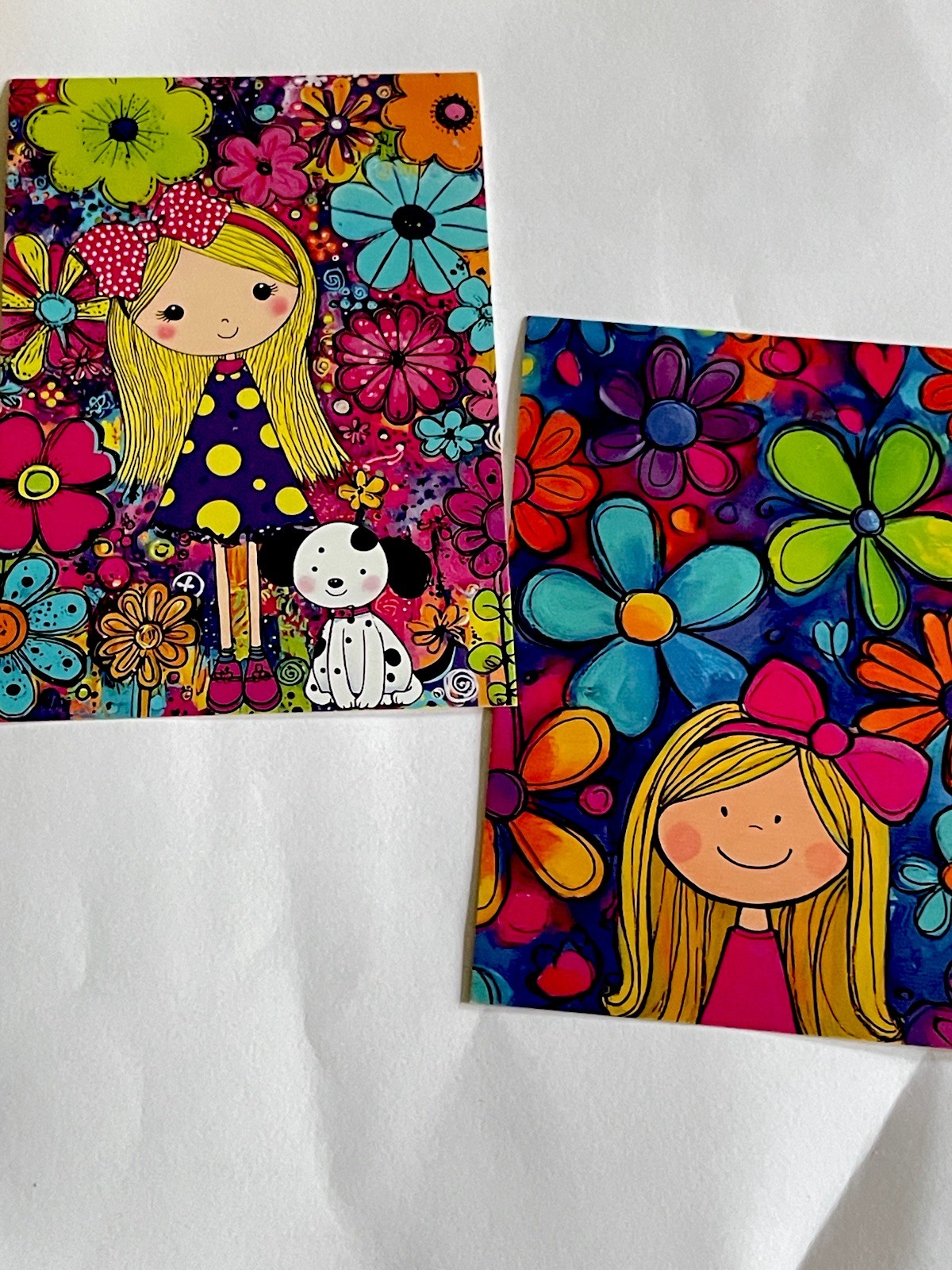 2 Vintage Trading Cards 70’s Flowers Girls Puppy Retro Shabby Chic Unique New