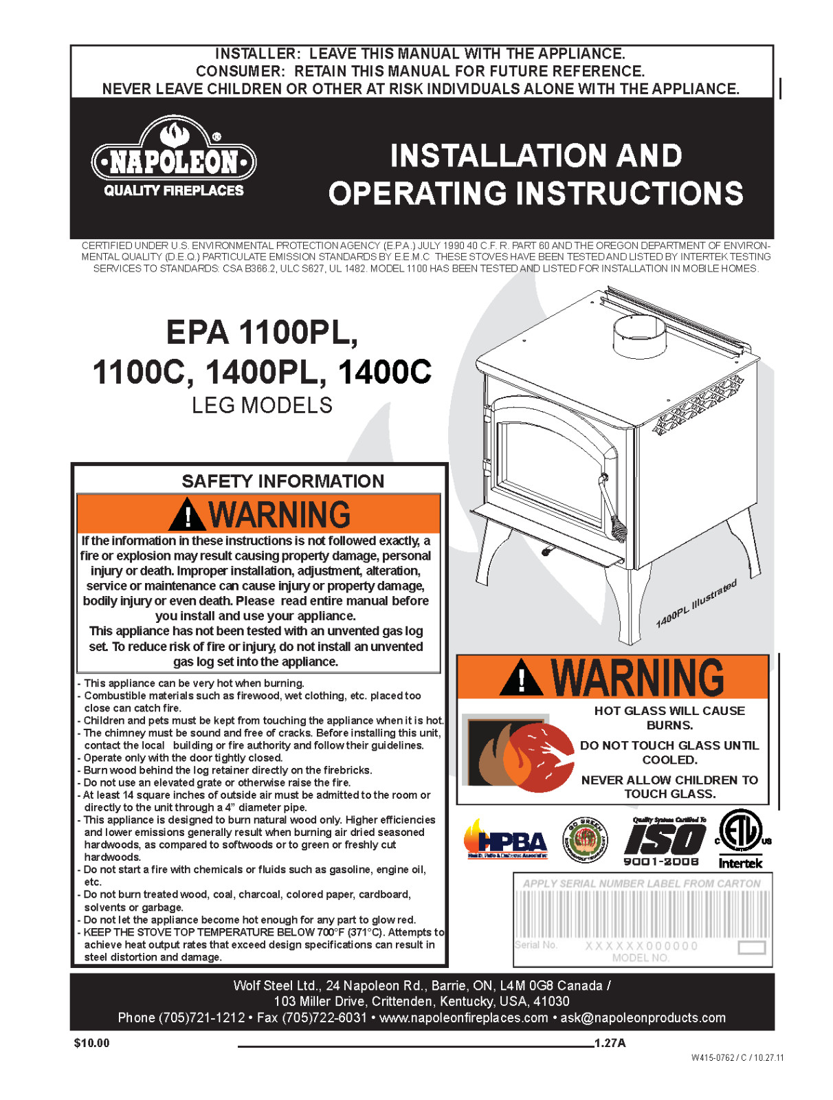 Napoleon EPA 1100 PL C 1400 PL C Cook Stove Instruction Manual 34 Pages