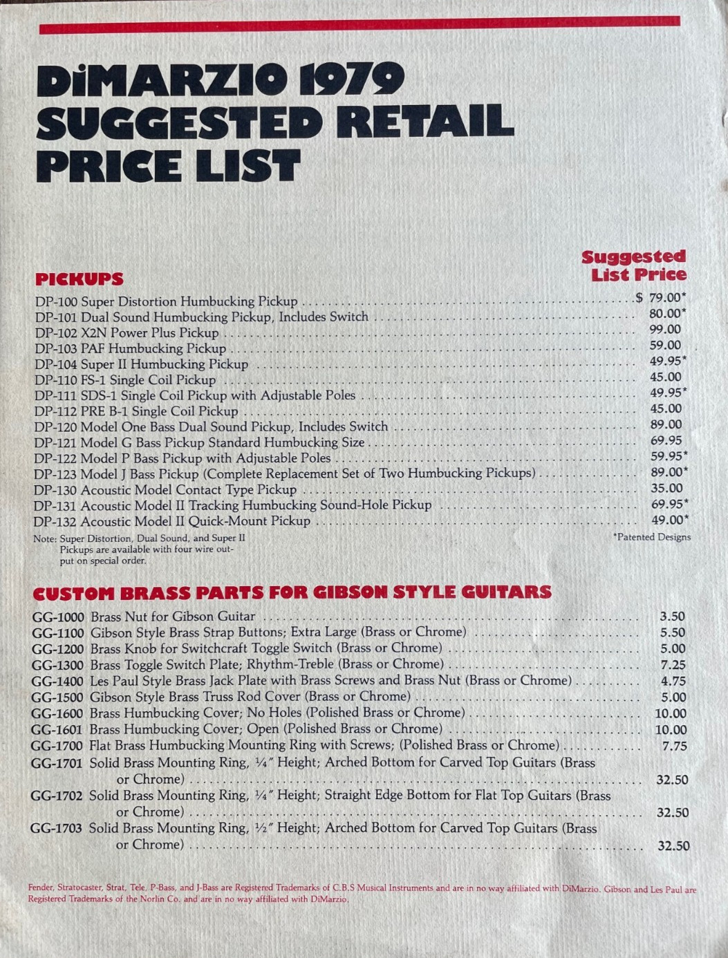 Original 1979 DiMarzio Guitar Bass Pickups Parts Bi-Fold Price List 8.5″x11″
