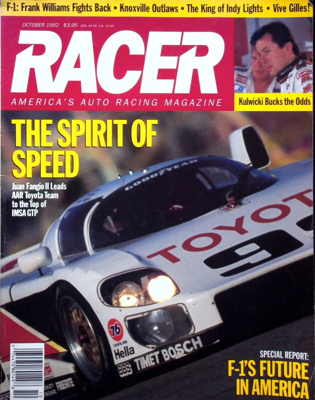 RACER MAGAZINE OCTOBER 1992, VOLUME 1 #6, KULWICKI, WILLIAMS, TOYOTA, NEW $5.99